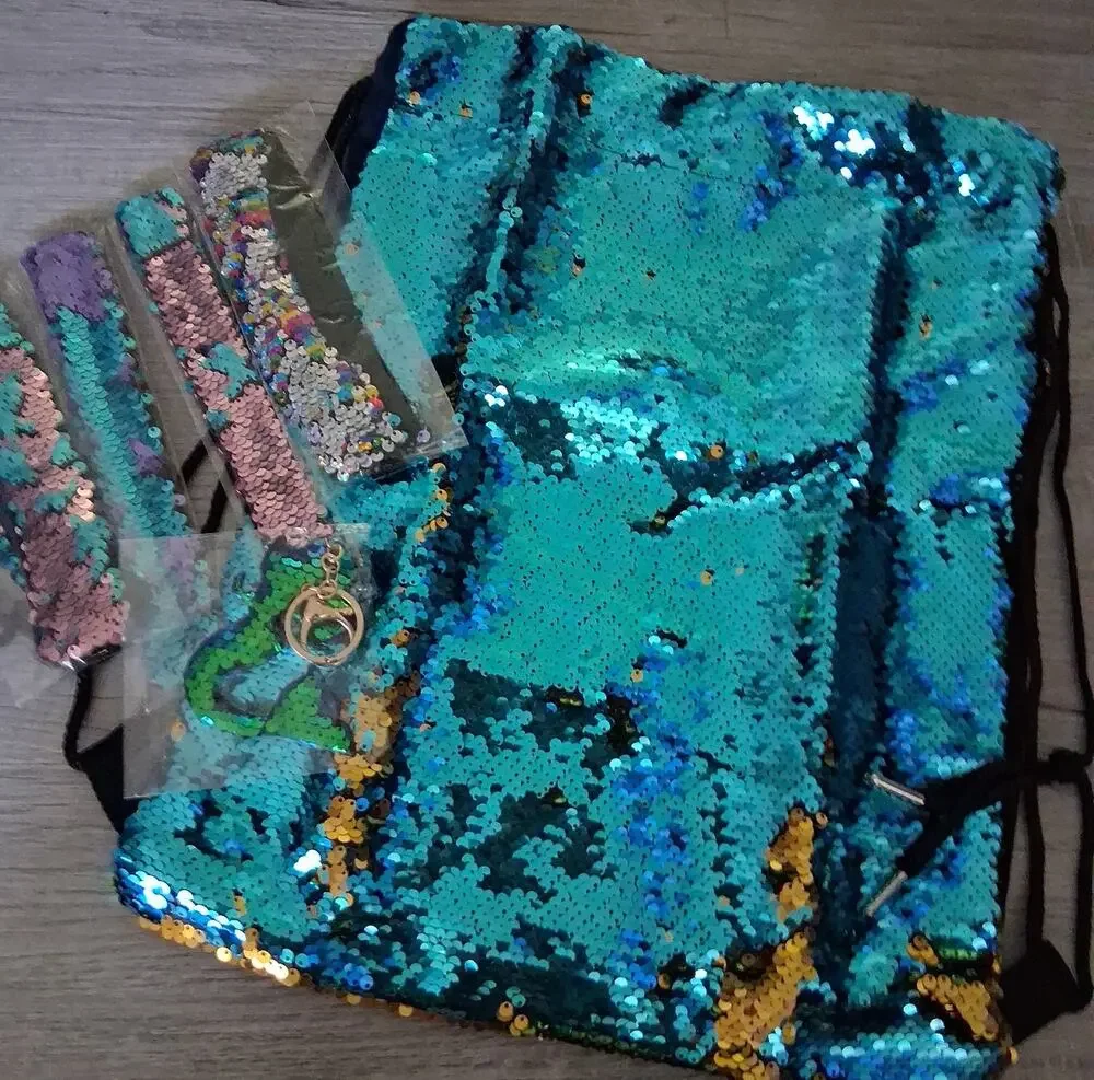 Winmany Mermaid Sequin Drawstring Backpack Glittering Reversible 6 piece lot